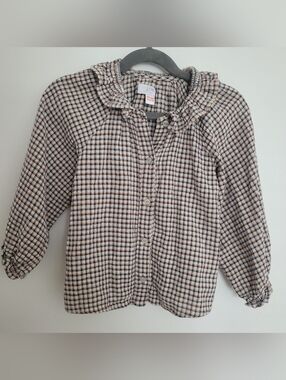 🧸2/20$ Zara Plaid Button-Up Blouse Cream Ruffle Collar Size 6T Girl